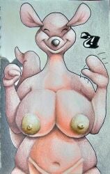 absurd_res anthro big_breasts big_nipples breasts closed_eyes disney female gesture hi_res kanga kangaroo macropod mammal marsupial marthan_crowl_(artist) navel nipples pouch_(anatomy) smile smiling_at_viewer solo tail waving winnie_the_pooh_(franchise)