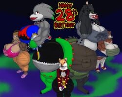 absurd_res alternate_form alythewolfcat bbw birthday breasts butler crocodile crocodilian dolls english_text female fingerless_gloves furry hedgehog hi_res huge_breasts hybrid hyena monster muscular muscular_woman party_popper ridus_(weretoons) rubberhose shiba_inu sister size_difference spiked_bracelet spiked_collar ssbbw tuxedo unicorn werehog weretoons_(character) wide_hips wolf