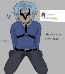 blue_hair blush blush dottore_(genshin_impact) embarrassed genshin_impact humiliation kneeling male male_only omorashi peeing peeing_self scaramouche_(genshin_impact) urination wetting
