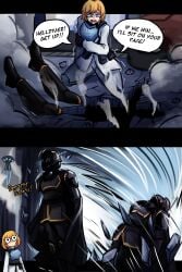 1girls 1other 2koma blonde_hair cape english_text helldiver_(helldivers) helldivers helldivers_2 if_we_win_i'll_sit_on_your_face_(meme) lad_der meme o_o seaf-chan seaf_soldier_(helldivers) speech_bubble stitched text