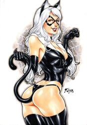 1girls ass big_breasts black_cat_(marvel) black_panties blue_eyes breasts cat_ears ed_benes_studio fake_animal_ears felicia_hardy female fred_benes from_behind from_side latex marvel mask red_lipstick solo spandex spider-man_(series) tail tail_grab white_hair