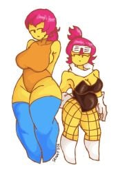 2girls big_breasts blue_socks brighteyes female front_view jane_doe_(roblox) pink_hair white_collar white_socks