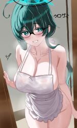 glasses green_eyes green_hair heavy_breathing kurogami_fuyuki naked_apron orginal_character ponytail seducing_viewer seductive_smile sexy_body sexy_pose smiling steaming_body submissive_female sweaty_breasts viewer_pov