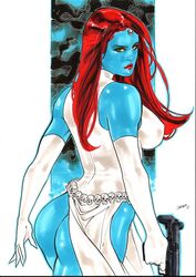 amber_eyes ass big_breasts blue_skin breasts ed_benes_studio exposed_ass gardenio_lima gun long_hair marvel mystique nipples nipples_visible_through_clothing raven_darkholme red_hair skull skull_belt white_clothing x-men yellow_sclera