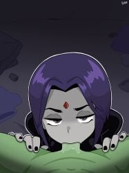 1boy absurdres beast_boy_(dc) colored_skin dc_comics fellatio female forehead_jewel fruithead grey_skin highres navel oral penis pov purple_hair raven_(dc) short_hair straight teen_titans