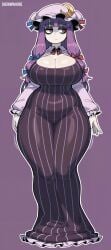 1girls ai_generated alternate_costume bags_under_eyes black_dress eyebrows female full_body patchouli_knowledge purple_hair shewwwhore solo solo_focus thick_eyebrows thick_thighs touhou