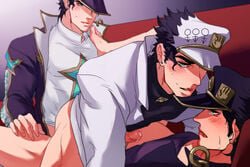 3boys age_difference anal anal_sex black_hair blue_eyes blush clothed_sex couch diamond_is_unbreakable dilf erection gay hat jojo's_bizarre_adventure jotaro_kujo less_end male/male/male male_only mature_male mmm_threesome precum receiving_on_back riding school_uniform selfcest stardust_crusaders stone_ocean tearing_up threesome yaoi