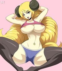 1girls big_breasts bigdeadalive blonde_hair breasts clothing female female_only hair horn large_breasts long_hair navel_ring nipple_rings nipple_slip open_mouth ring shirt shirt_up thighhighs tongue tongue_out