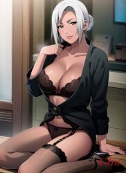 1girls ai_generated assistant big_breasts blue_eyes bra breasts center_opening cjin cleavage collarbone curvaceous dark-skinned_female dark_skin dress earrings female female_only flashing flashing_breasts front_view huge_breasts jewelry kneeling kunoichi large_breasts looking_at_viewer mabui mature mature_female milf mommy naruto naruto_(series) naruto_shippuden ninja oppai pink_lipstick pinup presenting presenting_breasts secretary silver_hair solo underwear undressing upper_body voluptuous