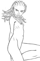 alien alien_girl barely_visible_breasts black_and_white braided_hair drawing gwyndala naked panzer posing_nude seductive_look seductive_smile star_trek star_trek_prodigy vau_n'akat_(species) younger_female