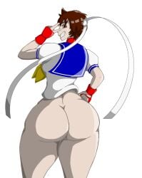 1girls ass ass_focus big_ass bottomless breasts brown_eyes brown_hair capcom clothed female female_focus female_only from_behind gloves headband huge_ass looking_at_viewer looking_back peace_sign sakura_kasugano school_uniform schoolgirl sli-silly09 smile solo solo_female solo_focus street_fighter thick thick_ass thick_thighs tomboy