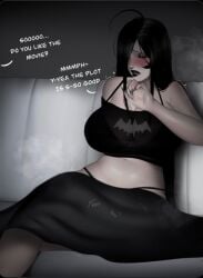 1girls black_hair black_lips black_lipstick blanket blush bra_strap bra_visible_through_clothes conversation female goth_girl gothic in_public kitokra_(artist) text thong_straps tummy vibrator_in_pussy vibrator_under_clothes watching_television white_skin