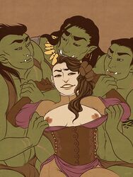 3boys anoki breasts clothes_pull female human human_female light-skinned_female light_skin male male/female multiple_males nose_piercing orc orc_male size_difference