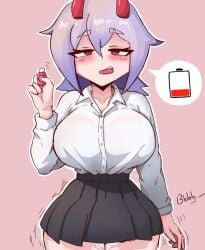 big_breasts big_titties blush curvaceous curvaceous_female curvaceous_figure curvy curvy_figure female female_focus female_only hatzuhatzu juicy_pussy looking_at_viewer low_battery original original_character purple_hair pussy_juice school_uniform sex_toy short_hair uniform