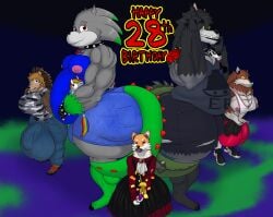 absurd_res alternate_form alythewolfcat bhm birthday camo_clothing crocodile crocodilian dolls english_text fingerless_gloves hedgehog hi_res huge_bulge hybrid hyena hyper_bulge jacket_around_waist maid maid_uniform monster musclegut muscular muscular_male party_popper penis_outline ridus_(weretoons) rubberhose rule_63 shiba_inu sister size_difference spiked_bracelet spiked_collar ssbhm unicorn werehog weretoons_(character) wide_hips wolf