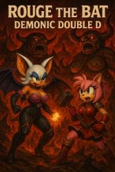 ai_generated amy_rose armor cleavage demon demon_horns fake_game fully_clothed hammer horns huge_breasts large_breasts monster rouge_the_bat sonic_(series) sonic_the_hedgehog_(series) weapon