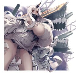 1girls black_panties breasts claws clothing dress eigaka female female_only fit gauntlet gigantic_breasts horn huge_breasts humanized kantai_collection large_breasts long_hair northern_ocean_hime pantsu red_eyes seaport_hime shinkaisei-kan shiny shiny_skin short_dress sideboob solo solo_female sweater thick_thighs thong underwear very_long_hair white_hair