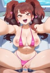 1boy 1boy1girl 1girls 777form777 ai_generated bikini bikini_aside bikini_bottom bikini_top blue_lips blue_lipstick blue_lipstick_mark blue_lipstick_mark_on_penis blush breasts brown_eyes brown_hair earrings female half-dressed huge_breasts kujikawa_rise long_hair looking_at_viewer makeup male motion_lines nipples penis penis_in_pussy persona persona_4 pool poolside pov pov_crotch pov_eye_contact pov_male pussy pussy_juice reaching_towards_viewer simple_background twintails vagina vaginal_penetration vaginal_penetration vaginal_sex