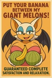 1girls ad advertisement ai_generated banana cleavage female fully_clothed huge_breasts implied_paizuri large_breasts melon paizuri parody poster rouge_the_bat solo sonic_(series) sonic_the_hedgehog_(series)