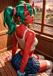 ai_generated ass bandaid bandaid_on_face bandaid_on_nose bangs bare_shoulders blue_skirt blush breasts clothing cloud colored_skin crop_top day epic_games evening female female female_only fortnite fortnite:_battle_royale from_behind green_hair hair_between_eyes hair_ornament horns indoors jousneystudio legwear lips long_hair looking_at_viewer looking_back medium_breasts midriff miniskirt mountain nemia_(fortnite) oni oni_horns original outdoors pink_scrunchie plaid plaid_skirt pleated_skirt ponytail purple_eyes red_oni red_skin red_skirt scrunchie shirt sitting skirt sky small_breasts smile solo sun sunset sweat tank_top thighhighs thighs twintails white_thighhighs wrist_scrunchie zettai_ryouiki