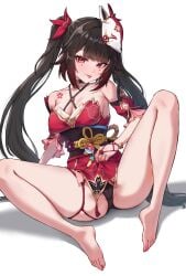 :p bare_shoulders barefoot black_panties black_sash blunt_bangs blush breasts cameltoe cleavage clothes_lift collarbone detached_sleeves dress dress_lift female flower_tattoo fox_mask gold_trim hair_ornament halter_dress halterneck highres honkai:_star_rail honkai_(series) kadokadokado knee_up long_hair looking_at_viewer mark_under_both_eyes mask mask_on_head medium_breasts mole mole_under_each_eye mole_under_eye multiple_moles nail_polish panties parted_bangs red_dress red_eyes red_nails red_sleeves sash sleeveless sleeveless_dress solo sparkle_(honkai:_star_rail) spread_legs tattoo thighs toenail_polish toenails toes tongue tongue_out twintails underwear white_background