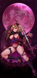 absurdres black_shirt blonde_hair breasts corruption cropped_shirt crotch_plate dark_persona eyeshadow fangs female fingernails full_body full_nelson glowing_tattoo granblue_fantasy harold_japan highres holding holding_sword holding_weapon horns katana large_breasts long_fingernails long_hair makeup mind_control mirin_(granblue_fantasy) moon nipple_piercing nipples parted_lips piercing pink_lips pubic_tattoo purple_eyes pussy_juice red_eyeshadow red_horns red_moon red_skirt revealing_clothes shirt skirt solo sword tattoo weapon