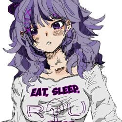 big_breasts cute dressed happy medium_hair purple_eyes purple_hair riu-chan riu_chan roblox roblox_game roblox_is_unbreakable safe_for_work small_nose smile solo t-shirt white_shirt white_skin
