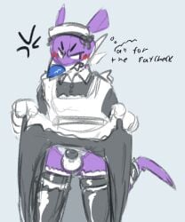 2025 ambergate angry anthro balls blue_background blue_nose chastity_cage chastity_device clothed clothing crossdressing digital_media_(artwork) dipodid embarrassed fang_the_hunter genitals jerboa maid_uniform male mammal multicolored_body penis purple_body rodent sega simple_background solo sonic_(series) sonic_the_hedgehog_(series) two_tone_body uniform white_body