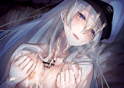 1boy azur_lane bangs blush breast_squeeze breasts censor_bar censored collarbone commentary_request cum cum_on_body cum_on_breasts cum_on_clothes cum_on_hair cum_on_upper_body enterprise_(azur_lane) eyebrows_visible_through_hair facial female hair_between_eyes half-closed_eyes hat head_tilt highres large_breasts long_hair looking_at_viewer nipples nude open_mouth paizuri peaked_cap penis purple_eyes sidelocks silver_hair smile solo_focus suushiki very_long_hair