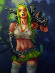 aphrodite_ix aphrodite_ix_(series) assault_rifle breasts face_tattoo fingerless_gloves gloves green_eyes green_hair gun image_comics k-omer machine_gun marc_silvestri miniskirt nipples nipples_visible_through_clothing number_tattoo numbered short_skirt tattoo top_cow