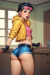 ai ai_generated ass bangs belt black_belt black_gloves black_hair blush breasts brown_eyes clothing crop_top cropped_jacket cutoffs denim denim_shorts earrings eyewear eyewear_on_head female female_only fingerless_gloves from_behind gloves hood hood_down hooded_jacket hoodie indoors jacket jewelry jubilee killeruwu13_ai kitchen lips lipstick looking_at_viewer looking_back makeup marvel marvel_comics midriff navel open_clothes open_jacket open_mouth parted_lips pink-tinted_eyewear pink_lips shirt short_hair short_shorts shorts small_breasts smile solo standing sunglasses teeth thighs tinted_eyewear unzipped upper_teeth_only window x-men yellow_jacket