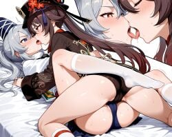 2girls ai_generated catfight clothed competitive competitive_sex crossover female genshin_impact hu_tao_(genshin_impact) mononobe_no_futo sexfight touhou yuri