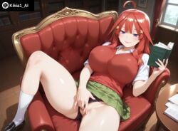 ai_generated big_ass big_breasts curvy curvy_figure female female_focus from_above go-toubun_no_hanayome holding_book holding_object indoors kikia1 large_breasts library long_hair masturbation nakano_itsuki on_back on_sofa red_hair shirt skirt socks spread_legs sweater thick_thighs white_socks wide_hips