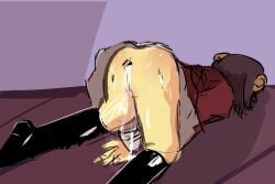 aftermath aliverye ass_focus ass_up_face_down brown_hair cum_in_ass cum_in_pussy cum_inside defeated dress dress_lift goat goat_girl goat_horns horns yellow_fur