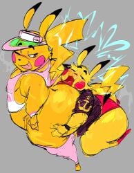 anal anthro ass big_butt black_markings bottom_heavy bottomless bottomless_anthro bottomless_male cheek_spots clothed clothing crop_top dot_eyes duo fangs femboy fur gat0pussy24 generation_1_pokemon half-closed_eyes hat headgear headwear hi_res huge_butt kneeling leg_warmers legwear male male/male male_rimming male_rimming_male markings narrowed_eyes nintendo one_eye_closed open_mouth open_smile oral panties pear-shaped_figure pikachu pokemon pokemon_(species) rimming rimming_male sex shirt simple_eyes slightly_chubby slightly_chubby_anthro slightly_chubby_male smile sweatband t-shirt teeth thick_thighs tongue tongue_out topwear underwear visor_cap wide_hips yellow_body yellow_fur