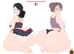 2girls animacomics anna_lucy_(rune_adventure) ass ass_cleavage ass_to_ass ass_up aunt big_ass big_breasts big_butt black_hair blue_panties brown_panties butt butt_crack clothing elizabeth_(rune_adventure) feet giant_ass happy housewife huge_ass huge_butt large_ass looking_at_viewer looking_back mature_female mature_woman milf mother oiled pale_skin panties patreon patreon_logo patreon_username purple_shirt rune_adventure sisters sitting_on_soles smile soles sweaty toes underwear watermark white_background white_skin wide_hips wife