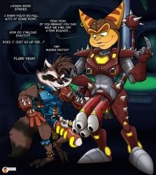 3_toes 4_fingers anthro armor balls black_lips blue_clothing body_modification breastplate brown_body brown_fur clothing duo ear_markings ear_piercing ear_ring english_text facial_markings feet fingers fur genitals glowing glowing_armor glowing_genitalia green_eyes guardians_of_the_galaxy gun gun_penis handlebar_piercing hat hazard_stripes head_markings headgear headwear hi_res kanada leather leather_hat leather_headgear leather_headwear lips lombax mace_tail male mammal markings marvel marvel_rivals mask_(marking) mohawk multi_genitalia multi_penis no_sex penis piercing procyonid prosthetic_balls prosthetic_penis raccoon ranged_weapon ratchet_(ratchet_and_clank) ratchet_and_clank red_armor red_eyes red_sclera ring_piercing rocket_raccoon scope sharp_teeth shoulder_pads size_difference sony_corporation sony_interactive_entertainment spiked_ankleband spiked_armor spiked_gauntlets spiked_knee_pads spiked_shoulder_pads spikes striped_ears striped_markings striped_tail stripes tail tail_markings teeth text toes weapon weapon_tail yellow_body yellow_fur