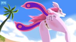 anthro anus ass beach bodily_fluids clitoral_hood clitoris cloud cloudy_sky female genital_fluids genitals hair hartery hi_res holding_butt lizard long_hair looking_at_viewer lovander multicolored_body multicolored_skin nails pal_(species) palm_tree palworld pink_body pink_hair plant pocketpair presenting_pussy purple_eyes pussy reptile scalie sky skyscape solo spread_legs spreading tree two_tone_body two_tone_skin vaginal_fluids vulva