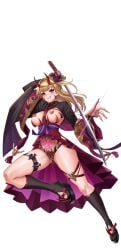 absurdres black_shirt blonde_hair breasts corruption cropped_shirt crotch_plate dark_persona eyeshadow fangs female fingernails full_body glowing_tattoo granblue_fantasy harold_japan highres holding holding_sword holding_weapon horns katana large_breasts long_fingernails long_hair makeup mind_control mirin_(granblue_fantasy) nipple_piercing nipples parted_lips piercing pink_lips pubic_tattoo purple_eyes pussy_juice red_eyeshadow red_horns red_skirt revealing_clothes shirt simple_background skirt solo sword tattoo transparent_background weapon