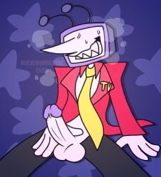 animate_inanimate antenna_wire antennae_(anatomy) balls bodily_fluids bottomwear breath clothed clothing darkner deltarune deltarune_chapter_3 electronics for_a_head genitals hand_on_penis hi_res humanoid long_nose male necktie object_head open_bottomwear open_clothing open_pants pants penis red_clothing red_suit screen screen_face screen_head sharp_teeth shoulder_pads solo spread_legs spreading suit suit_symbol sweat sweatdrop teeth television tenna_(deltarune) tv_head undertale_(series) wickedwhiskerz yellow_necktie zipped_down