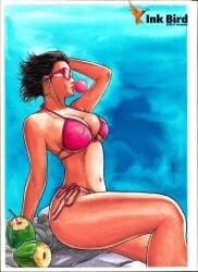 beach bikini bikini_bottom black_hair breasts bubble_blowing chewing_gum cleavage clothing drinking_straw earrings eyewear eyewear_on_head female female food genderswap_(mtf) inkbirdartstudio jewelry jubilee large_breasts marvel marvel_comics navel pink_bikini robson_aguiar short_hair side-tie_bikini_bottom side-tie_clothing side-tie_swimsuit sitting solo sunglasses swimsuit tinted_eyewear x-men