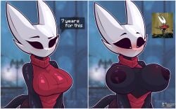 2025 absurd_res alternate_species anthro arachnid areola arthropod bedroom_eyes big_breasts black_body black_eyes black_nipples black_skin blush breasts clothed clothing conditional_dnp curvy_figure digital_media_(artwork) domestic_cat ears_up empty_eyes english_text felid feline felis female female_anthro heart_eyes heart_symbol hi_res hollow_knight:_silksong hollow_knight_(franchise) hornet_(hollow_knight) hornyan mammal meme mouthless narrowed_eyes nipples red_clothing seductive signature solo spider sweater tail team_cherry text thick_thighs topwear wardrobe_malfunction wide_hips zerlix_fox