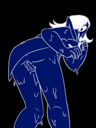 amaranthinity blue_body blue_skin deltarune looking_at_viewer looking_back pussy rouxls_kaard trans_man transmasc wet wet_pussy white_hair