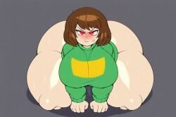 1girl ai_generated all_fours angry angry_vein ass_bigger_than_head bare_ass bottom_heavy bottomless brown_hair captain_kirb_(style) chara chara_(undertale) facing_viewer female goonsoul green_clothing green_sweater huge_breasts hyper hyper_ass hyper_thighs medium_hair on_all_fours plump pout pussy_juice red_eyes shiny shiny_skin solo striped_clothing striped_sweater sweat sweater sweating thunder_thighs undertale undertale_(series) voluptuous voluptuous_female