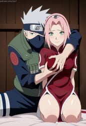 1boy 1girls adult adult_and_teenager age_difference ai_generated before_sex bottomless_female breast_grab breasts china_dress chinese_clothes cuddling duo embarrassed grabbing grabbing_from_behind hatake_kakashi legs_together looking_at_viewer male mask naruto naruto_(series) naruto_shippuden nipples older_male pants pink_hair sakura_haruno short_hair shoulder_length_hair teacher_and_student teenager vest wariza watermark younger_female zzz7