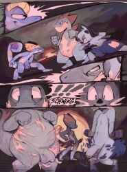 absurd_res balls battle belly big_belly big_penis clothing_destruction clothing_ripping comic croconaw dewott dual embarrassed embarrassed_male exposed fight fighting_pose generation_2_pokemon generation_5_pokemon genitals halo-pano hi_res instant_loss_2koma male male/male nintendo nude onomatopoeia penis pokemon pokemon_(species) pose removed_clothing sound_effects surprise surprised_expression surprised_face text two_against_one weaponized_penis