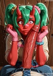 1boy 1girls ai_generated balls bandaid bandaid_on_face bandaid_on_nose blush breasts clothing colored_skin demon_girl english_language english_text epic_games erection female fingerless_gloves forearm_cock fortnite fortnite:_battle_royale gloves green_hair hair_between_eyes hair_scrunchie horns huge_cock imminent_fellatio jewelry jousneystudio large_penis lips long_hair looking_at_penis looking_at_viewer male necktie nemia_(fortnite) nervous oni oni_horns original penis penis_awe penis_measuring penis_on_face penis_through_fly pink_gloves ponytail pov_crotch precum red_oni red_skin school_uniform scrunchie shirt skin-covered_horns skirt sleeves_rolled_up solo_focus straight sweat testicles text trembling twintails veins veiny_penis white_shirt wrist_scrunchie
