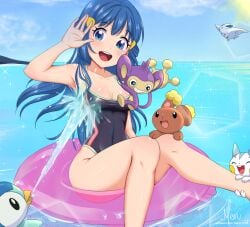 armpits bare_arms bare_legs bare_shoulders bare_thighs black_one-piece_swimsuit blue_eyes blue_hair blush body_blush breasts cleavage collarbone dawn_(pokemon) hairclip highleg_swimsuit innertube long_hair meru_rumi ocean one-piece_swimsuit open_mouth pokemon shiny_skin small_breasts smile splashing swimsuit thighs water