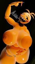 2girls 3d 3d_(artwork) belly belly_bulge big_belly big_breasts big_nipples caught chica_(fnaf) duo duo_female female five_nights_at_freddy's fnaf frankie_foster giantess glowing_eyes keynor long_tongue micro open_mouth size_difference tagme text thick thick_thighs tongue toy_chica_(fnaf) vore white_eyes yellow_body