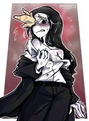 black_hair breasts coral_glasses diddlydooter1 dinkdiddly dream_bbq looking_at_viewer office_clothing office_lady undressing